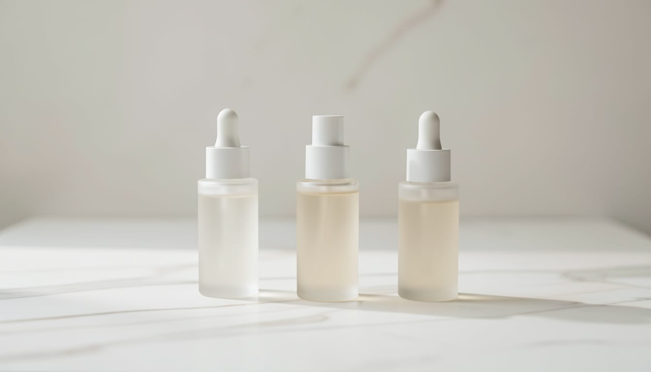 Three niacinamide serum bottles arranged on a white marble surface with soft natural light, no brand labels, no readable text