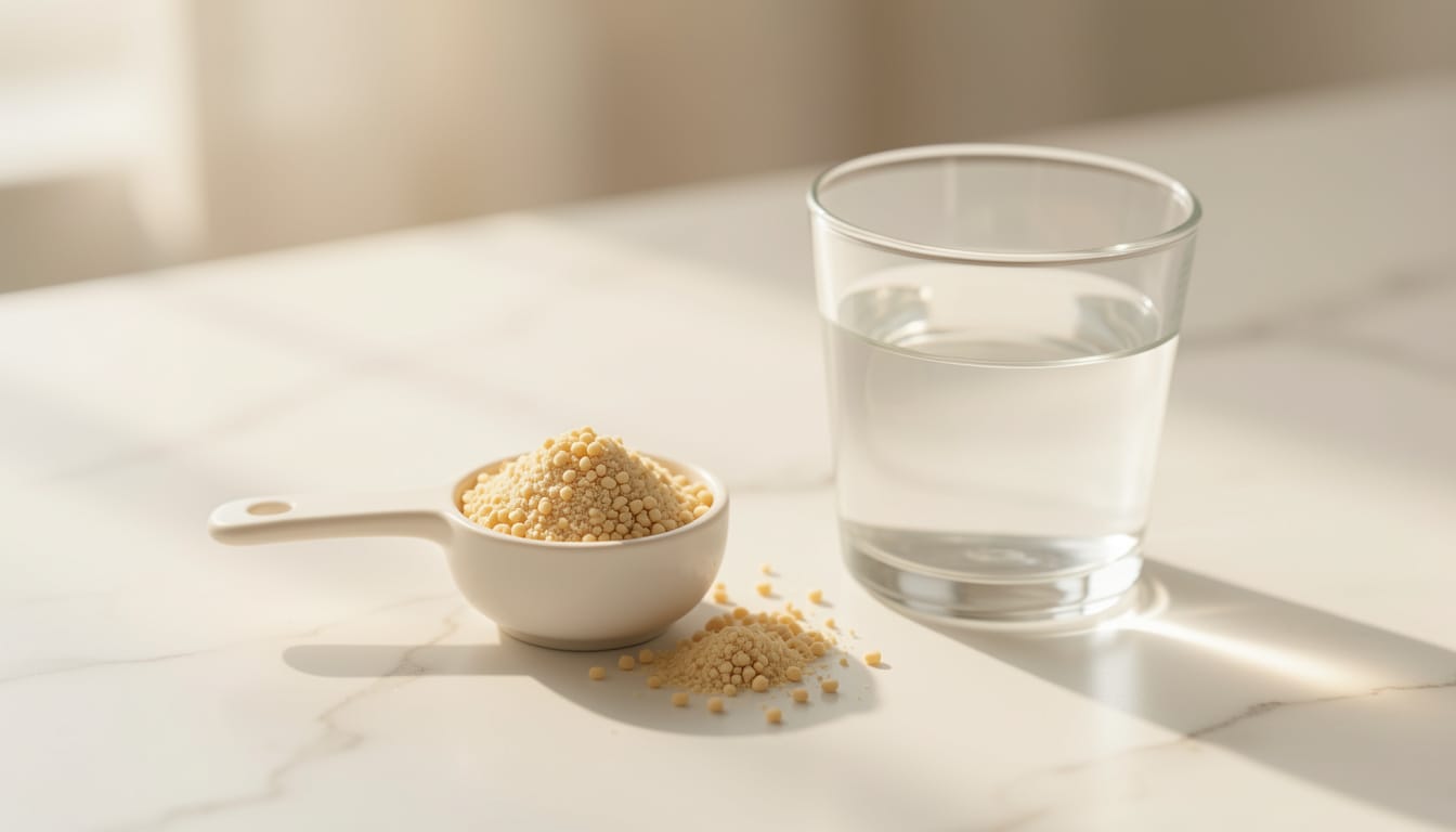 A collagen peptides powder jar and measuring scoop arranged on a white marble surface with a glass of water, soft natural light, no brand labels
