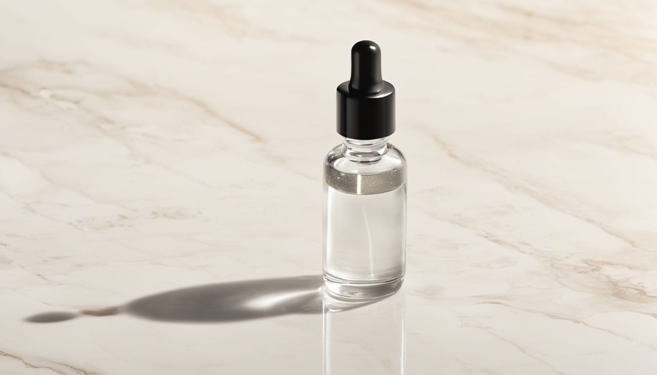 A single serum dropper bottle filled with clear liquid resting on pale marble, soft natural morning light, a small water droplet visible on the surface, no brand labels, no logos