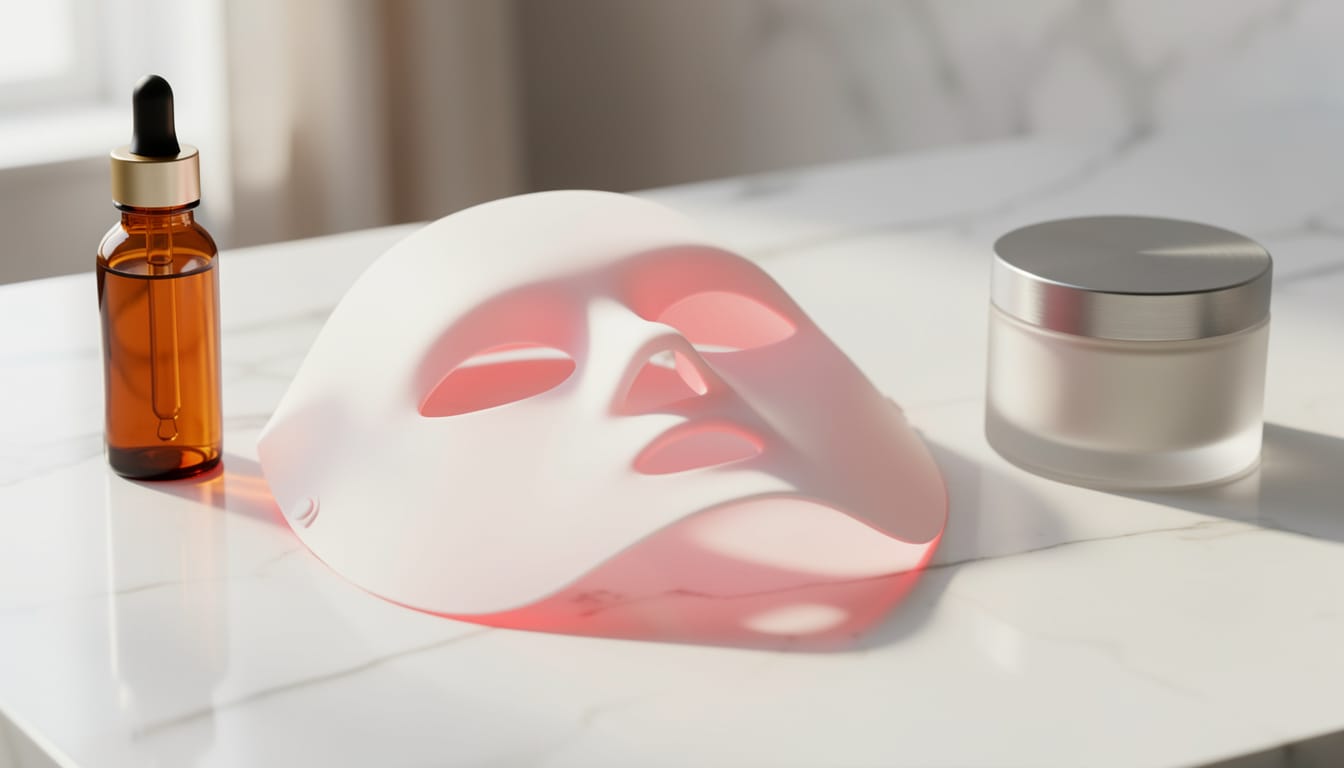 HigherDOSE red LED face mask resting on a marble surface beside a peptide serum and moisturiser, soft natural light