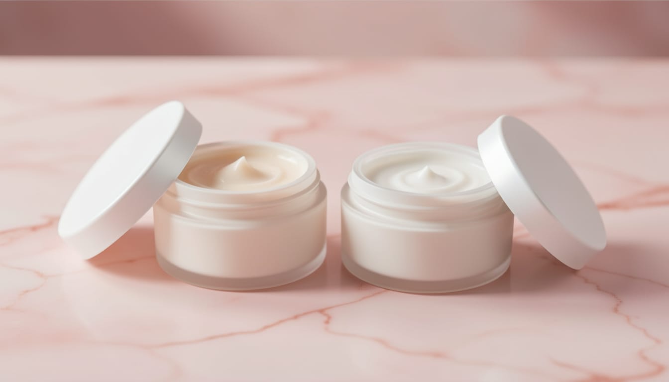 Two elegant moisturiser jars arranged on a pale pink marble surface with soft diffused light, no brand labels