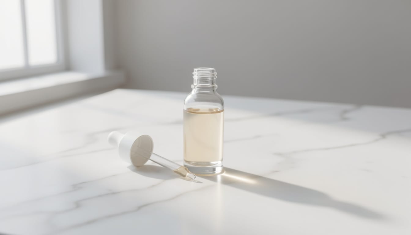 A niacinamide serum bottle and dropper on a clean white marble surface with soft natural light, no brand labels