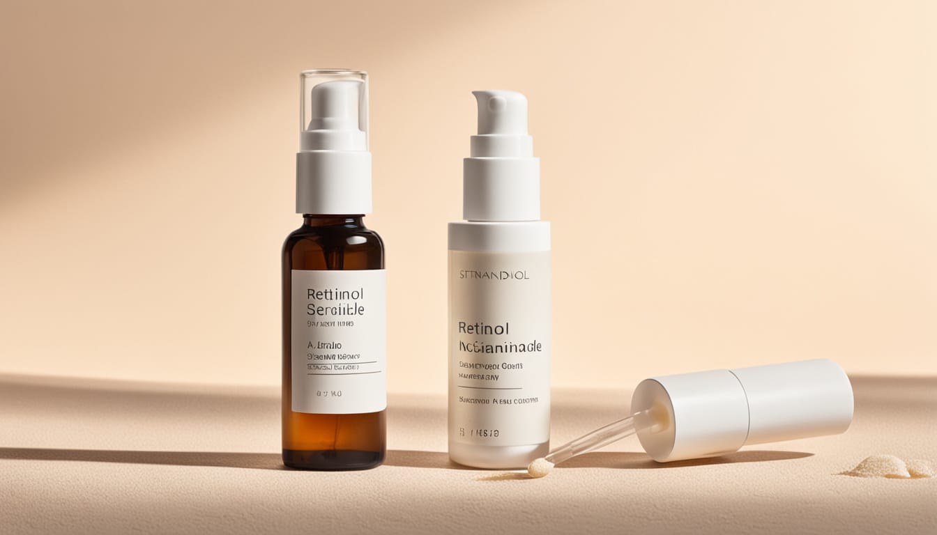A retinol serum and a niacinamide serum arranged side by side on pale marble, soft evening side light, no brand labels, no logos