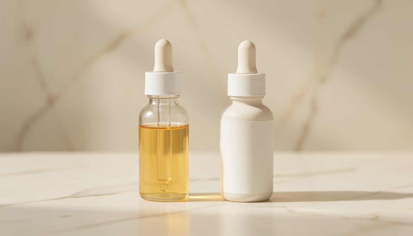 A vitamin C serum and a niacinamide serum side by side on a pale marble surface, soft natural light, no brand labels