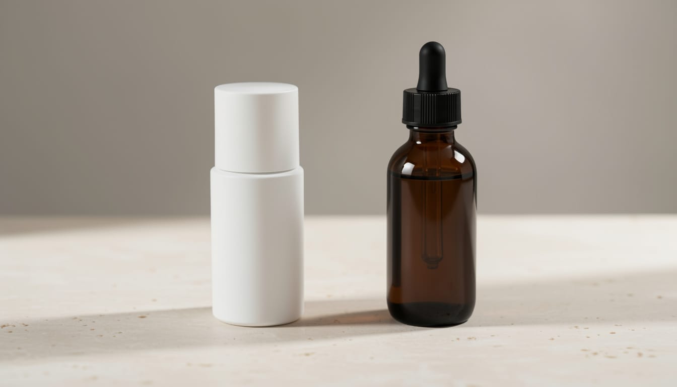 Two minimalist skincare serums arranged side by side on a pale stone surface, one simple clinical bottle and one elegant dark bottle, no brand labels