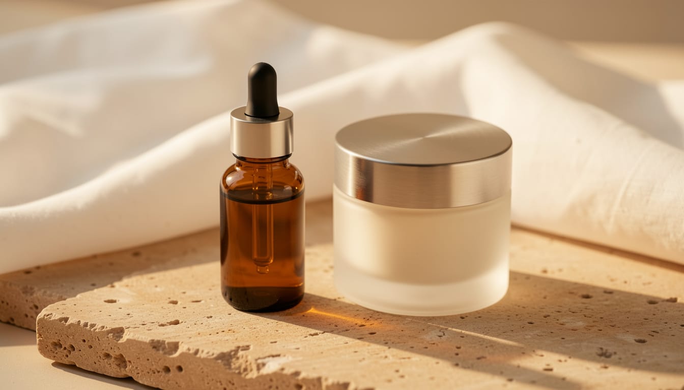 A retinol serum and moisturiser arranged on a white surface with soft evening light, clean minimal styling