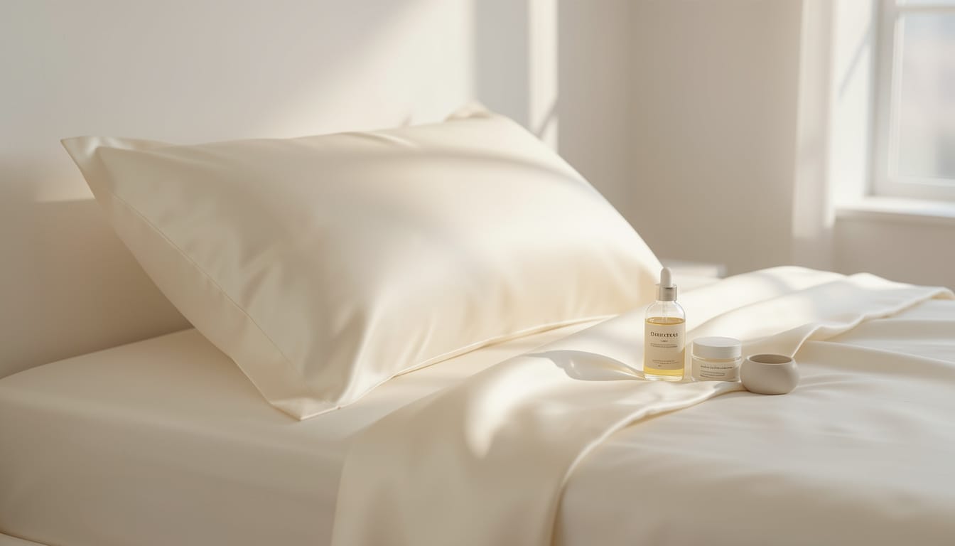 Luxury mulberry silk pillowcase on a bed with skincare products arranged beside it