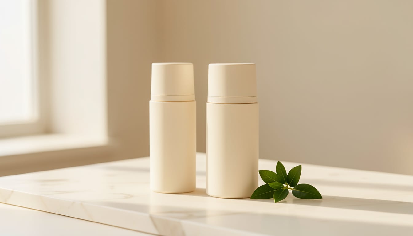 Two sunscreen bottles arranged on pale marble with a small green leaf, soft morning light, no brand labels, no readable text